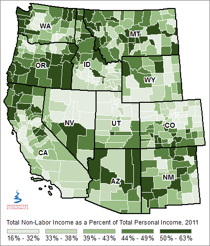County Level Non-Labor Income as Percent of Total Personal Income, 2011