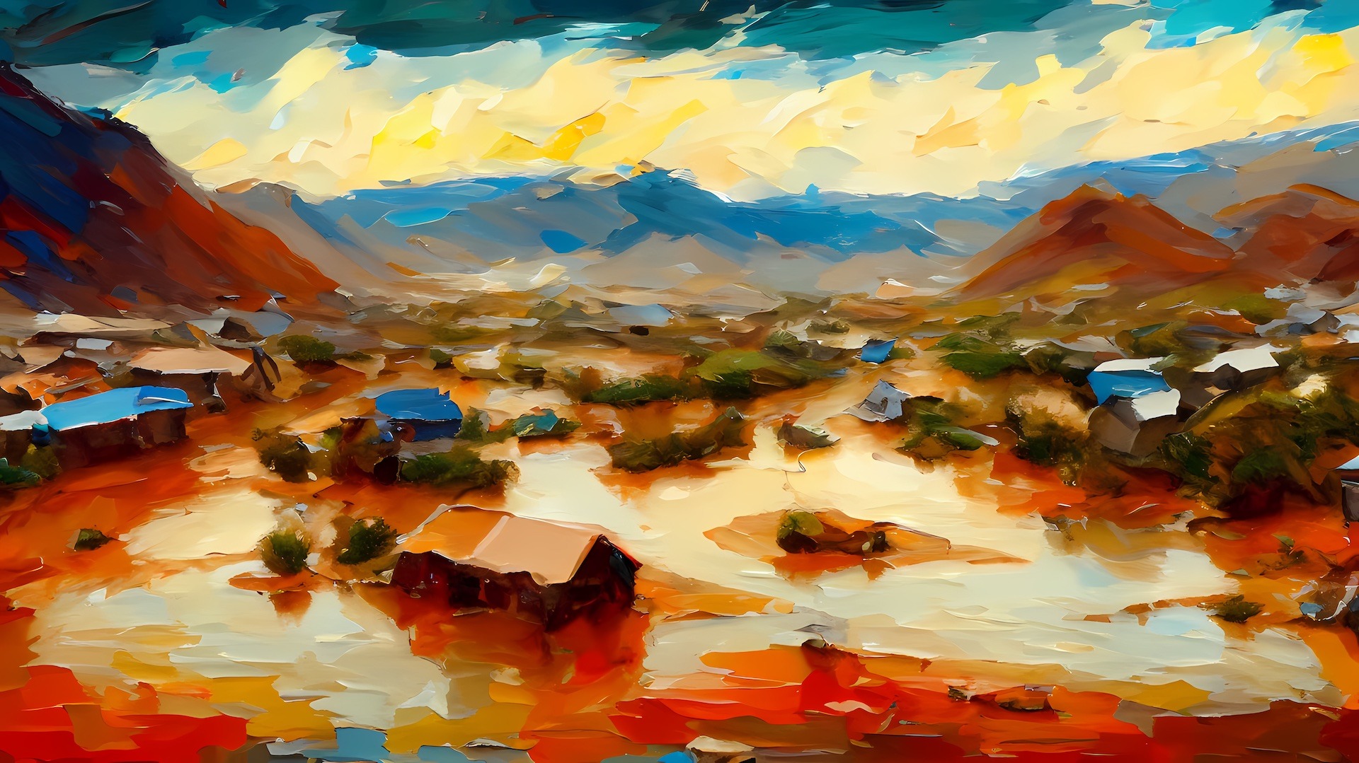 AI generated oil painting of flooded valley community