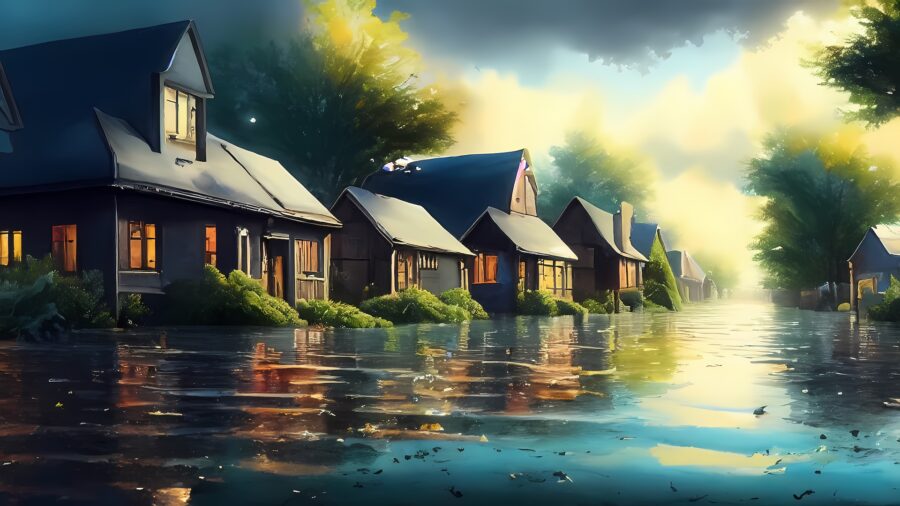 AI generated painting of flooded street with houses