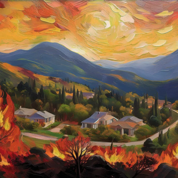 A painting showing a fire encroaching on a community.