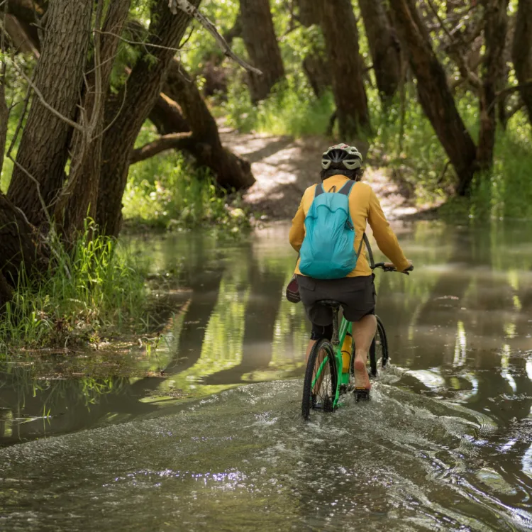 A woman cycling through a flooded section of a trail