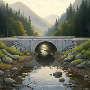 A roadway is built across a stream and the culvert allows for aquatic passage. Digital Painting with AI elements.