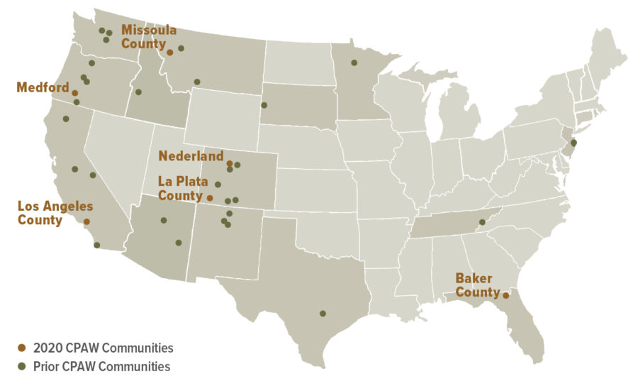 CPAW communities include cities and counties large and small across the United States. In 2020, CPAW communities include Missoula County, Montana; Medford, Oregon; Nederaland, Colorado; La Plata County, Colorado; Los Angeles County, California; and Baker County, Florida.