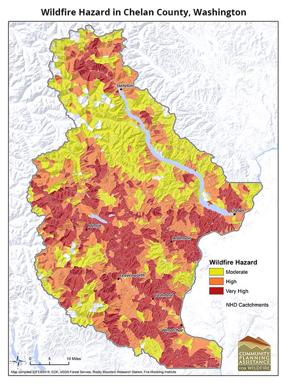Wildfire hazard in Chelan County, Washington as mapped by the Rocky Mountain Research Station through the CPAW program.