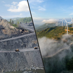 Split image with trucks driving down into coal mine on one side and wind turbines atop a green hill at sunset on the other.
