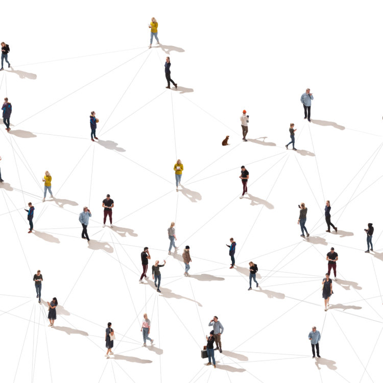 Aerial view of people walking with lines connecting them