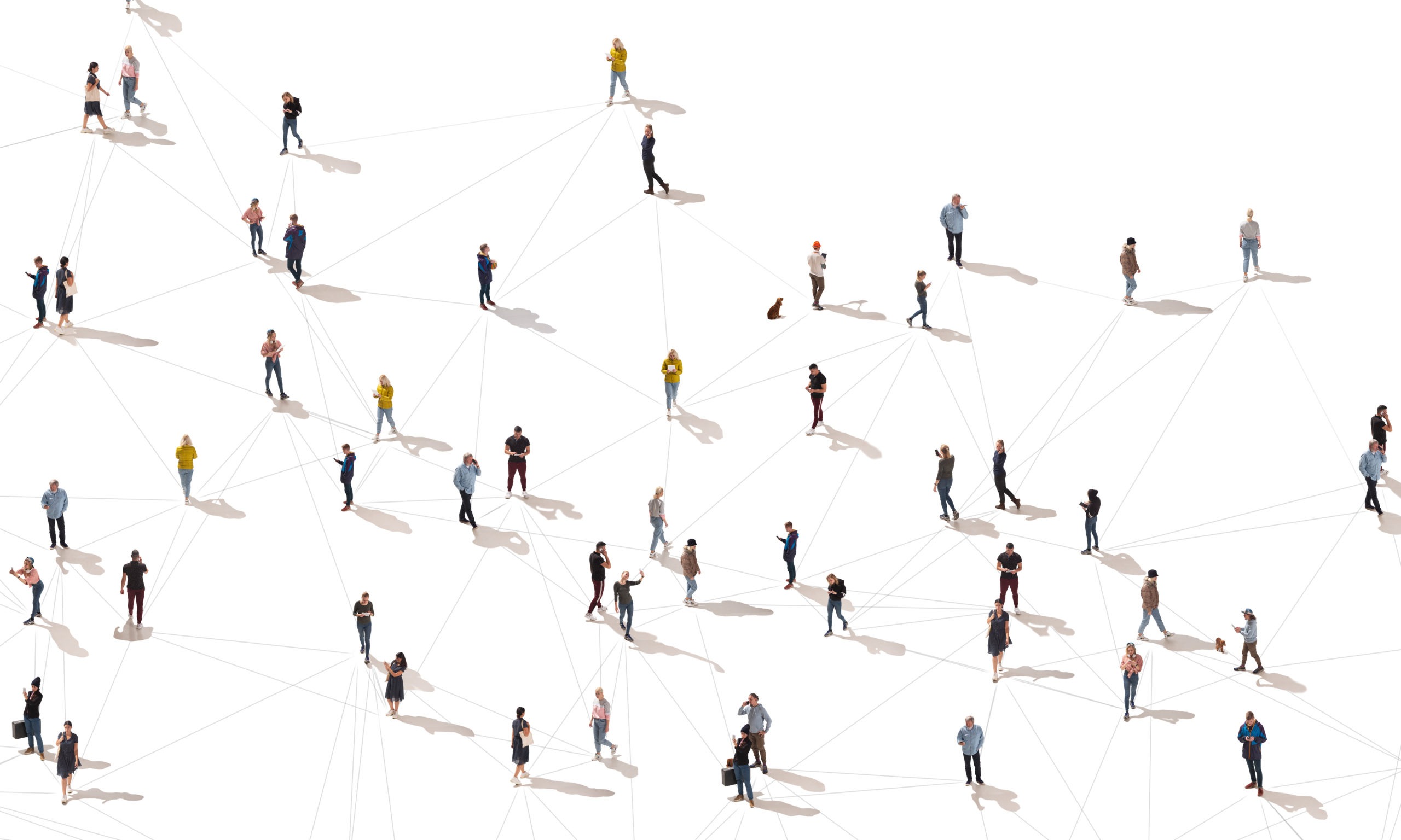 Aerial view of people walking with lines connecting them
