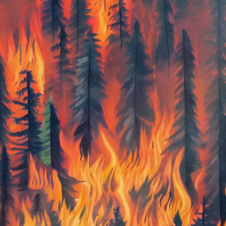 Illustration of wildfire in forest, orange and yellow flames lapping conifer trees on a hillside, Stable Diffusion generated.
