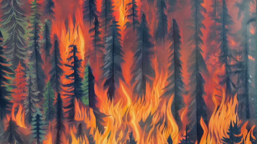 Illustration of wildfire in forest, orange and yellow flames lapping conifer trees on a hillside, Stable Diffusion generated.