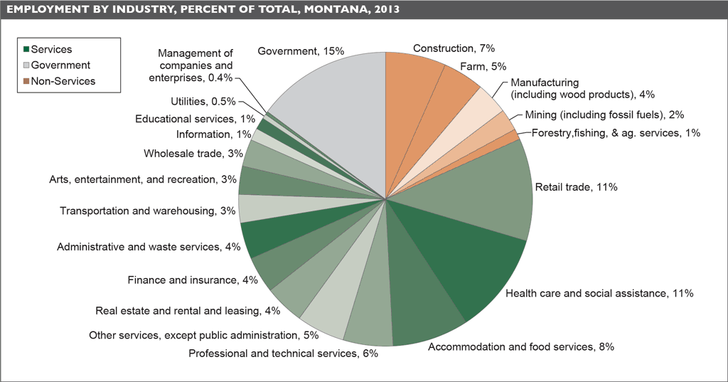 Chart: Employment by industry, percent of total, Montana, 2013