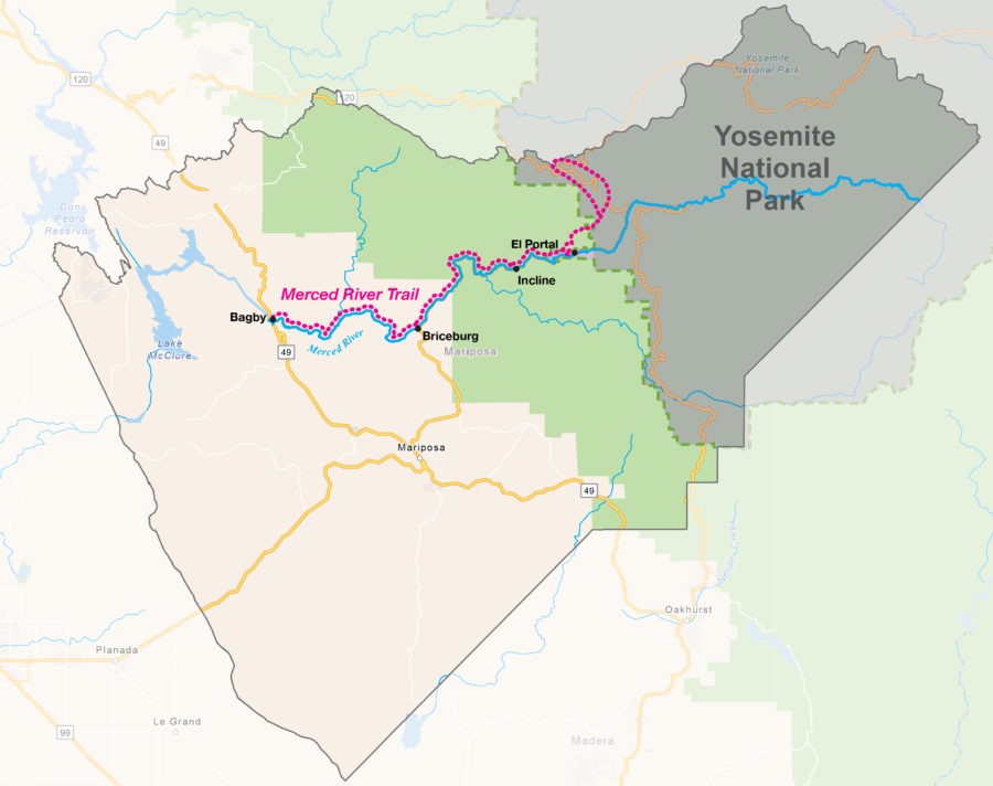 Location of the Merced River Trail in Mariposa County, California.