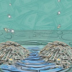 Illustration of money falling into piles over a puddle