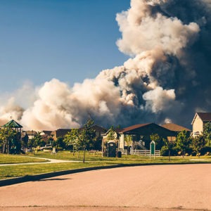 A column of wildfire smoke rises behind houses in a residential neighborhood.