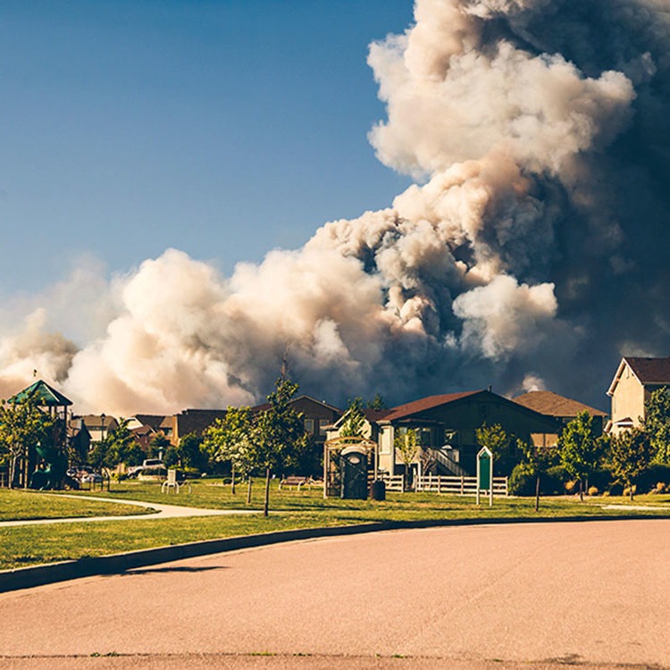 A column of wildfire smoke rises behind houses in a residential neighborhood.