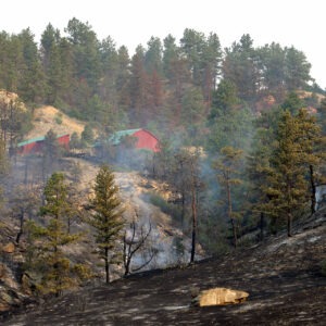 A wildfire smolders around a house in the forest. Smoke rises above the charred landscape.