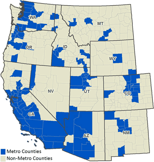 Map 2: Metro and Non-Metro Counties, The West